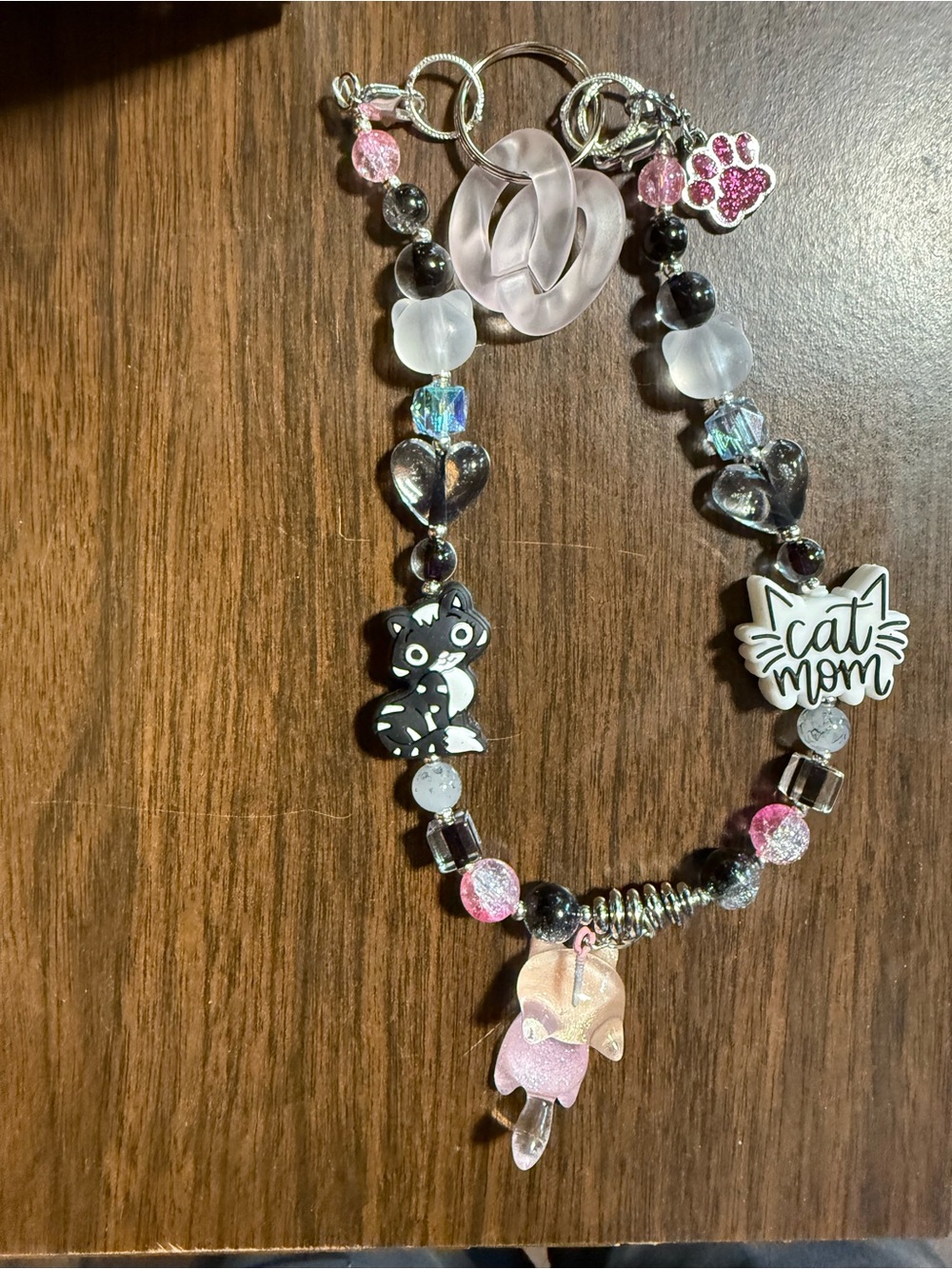 Cat Mom Pink & Black Beaded Keychain Charm